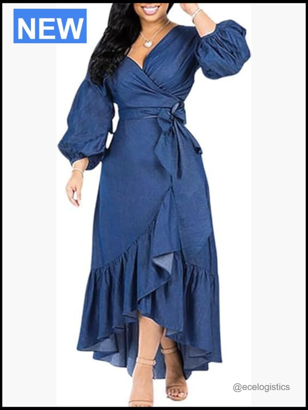 Long Sleeve Belted Maxi Denim Dress Wrapped V-Neck Ruffle Hem